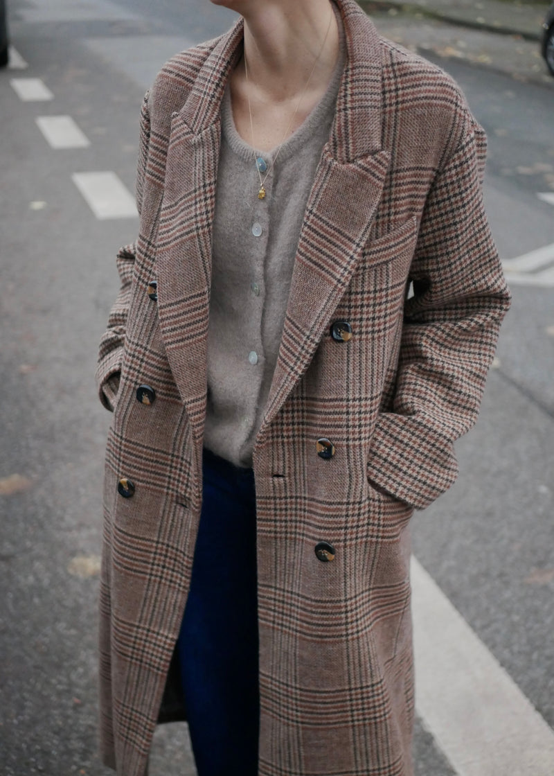 ‘CHECKERED COAT’ camel brown