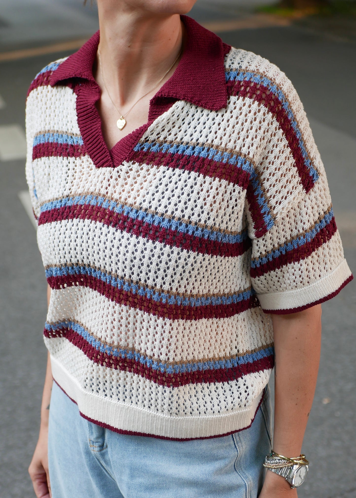 ‘STRIPES’ Polo Knit shirt cherry blue